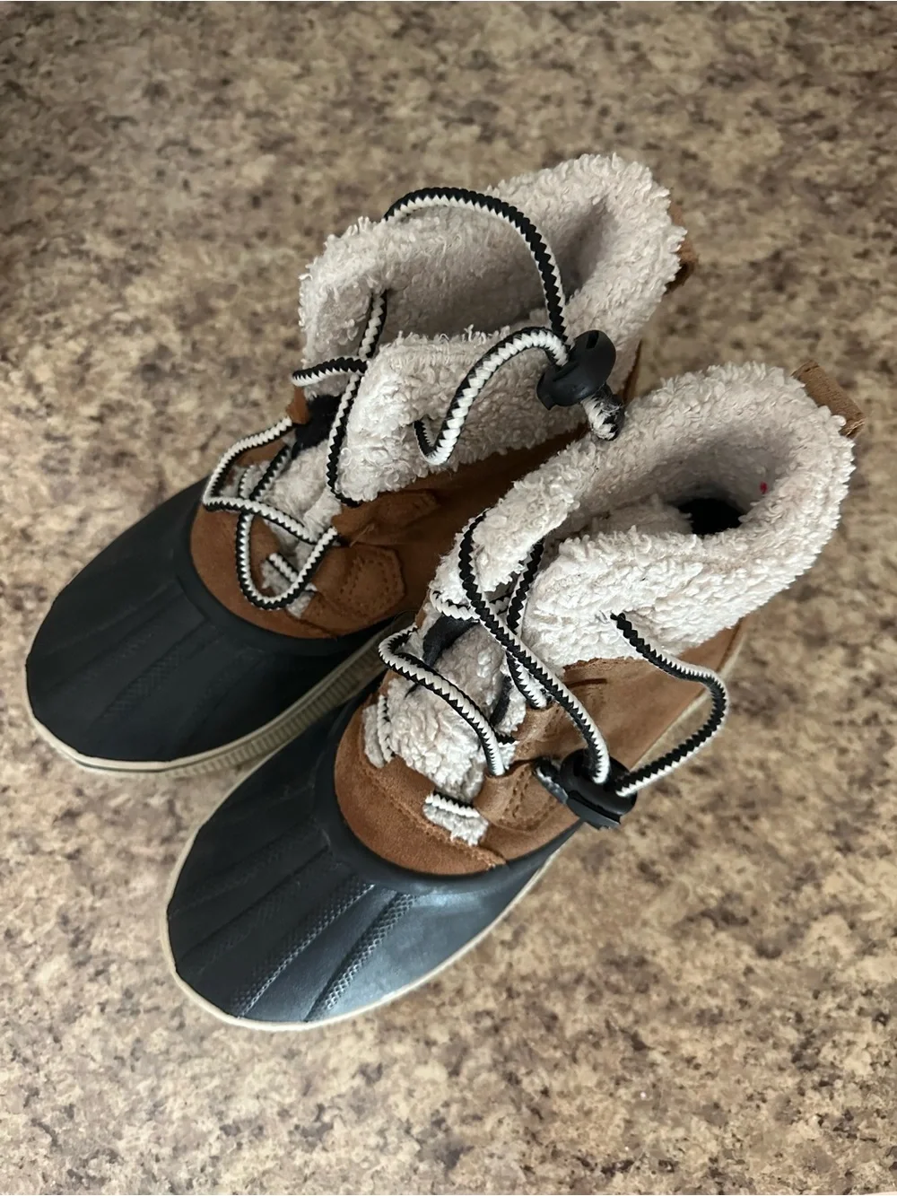 Sorel Lace-Up Winter Boots in Black, Tan & Cream